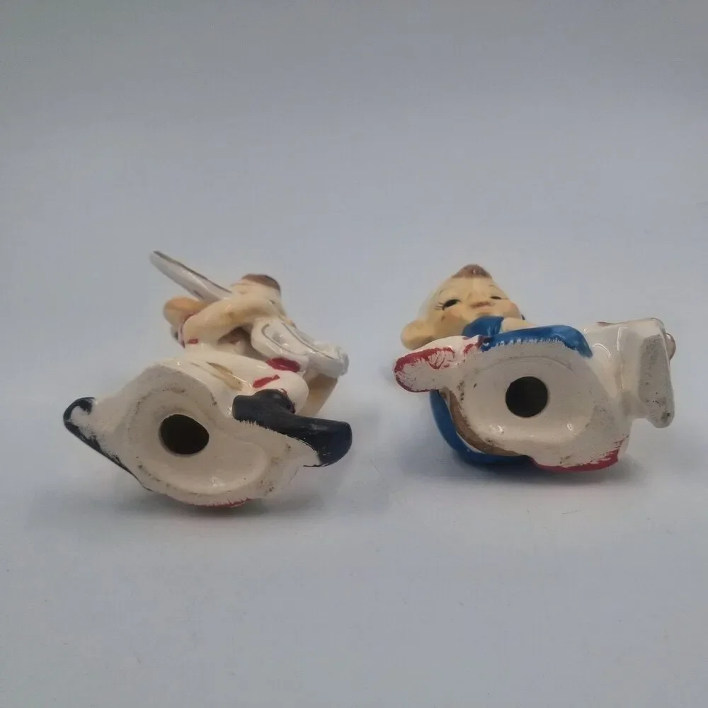 Vintage Sewing Pixie Elf Salt Pepper Shaker Set Ceramic MCM Ironing Scissors